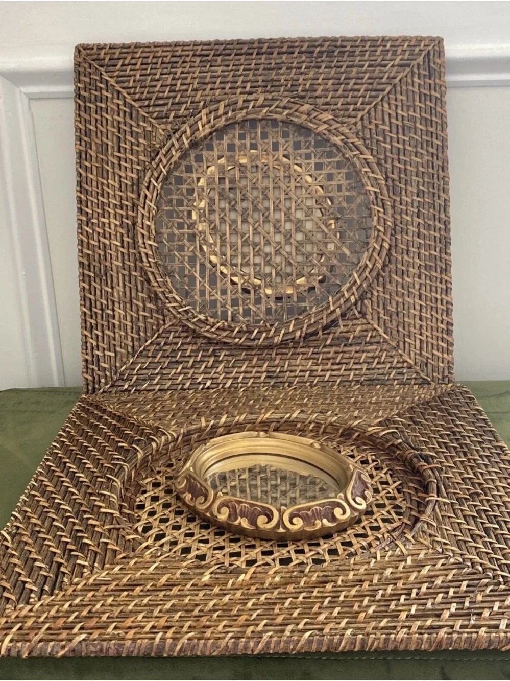 Woven Rattan Wall Mirror with Gold Accent Frame - Brown 14”X14”